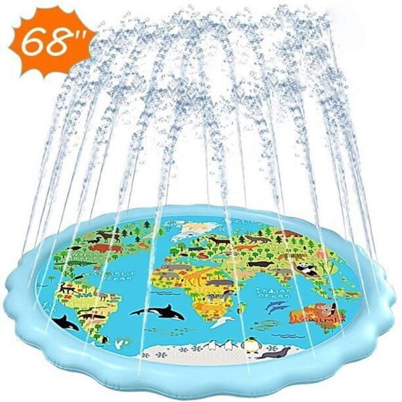 Ottoy Splash Water Mat,68'' Sprinkler Pool Pad 'World Animal Map' learning Toys - Picture 1 of 7